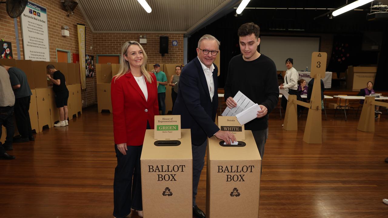 Anthony Albanese cast his ballot at Marrickville beside fiancee Jodie Haydon and his son Nathan. Picture: Jason Edwards / NewsWire