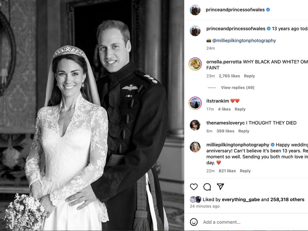 Prince William and Princess Catherine have released a previously unseen portrait of themselves to mark their anniversary. Picture: Instagram