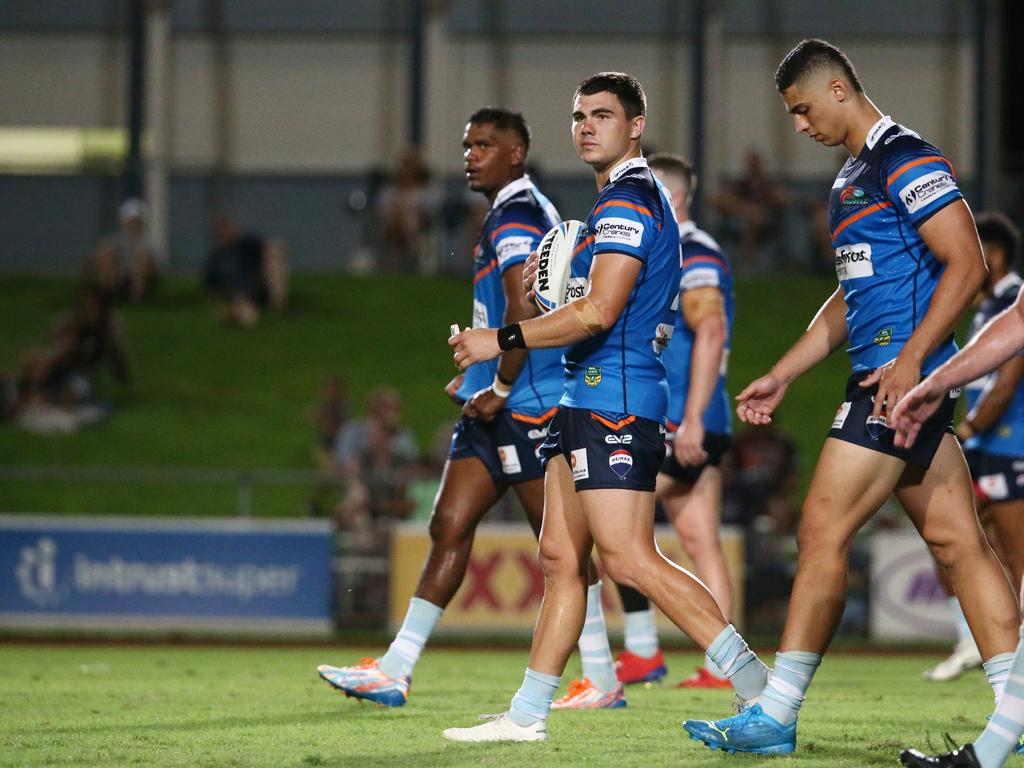 Pride's Jake Clifford (centre) did his best to lead the team in the QRL ISC rugby league match between the Northern Pride and the Wynnum Manly Seagulls, held at Barlow Park. Picture: Brendan Radke