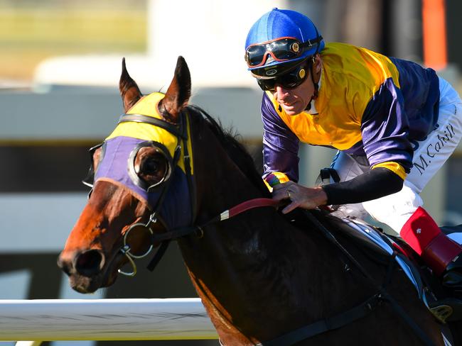 Jockey Michael Cahill rides Alassak to win race 7, the UBET Colts, Geldings and Entires BenchMark 75 Handicap during National Jockey Celebration Day at Doomben Racecourse in Brisbane, Saturday, August 5, 2017. (AAP Image/Albert Perez) NO ARCHIVING, EDITORIAL USE ONLY