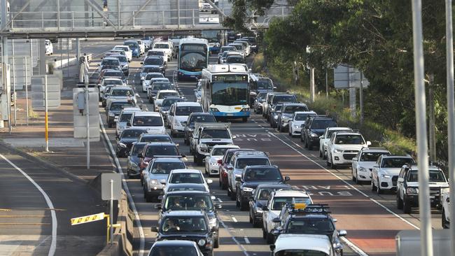Southbound traffic queues north of the tunnel. Picture: John Grainger