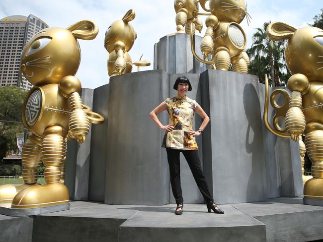 30/01/2020. Artist Claudia Chan Shaw and her spectacular tower of 9 gold metallic, animatronic rats 'New Rat Lunar Lantern' that speaks of great fortune for the Chinese Year of the Rat. Installation at First Fleet Park, outside the MCA at The Rocks in Sydney. Britta Campion / The Australian