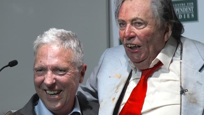 Cartoonist Bill Leak and Sir Les Patterson at the launch of Leak's book Trigger Warning in Sydney. (Pic: The Australian)