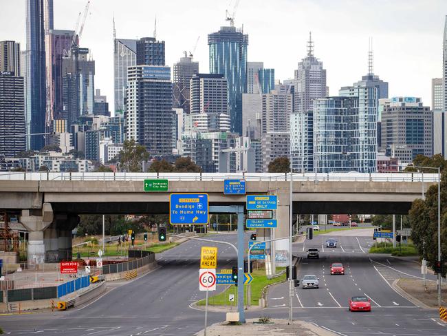 Footscray Road in Melbourne's inner west is seen on a quiet Sunday during a stage four covid-19 lockdown. Picture: Mark Stewart