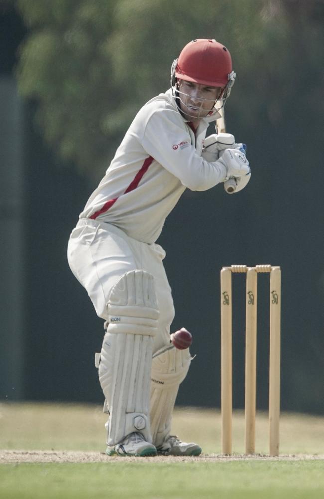 Springvale South batsman Liam Hamilton watches the ball carefully against Buckley Ridges on Saturday.