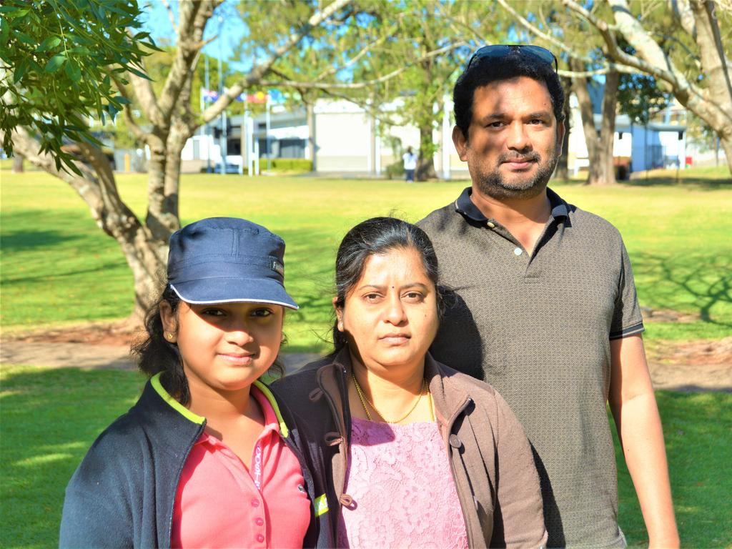 At the 2023 Grand Central Floral Parade are (from left) Riya Senthil, Sasi Senthil and Prabu Senthil. Picture: Rhylea Millar