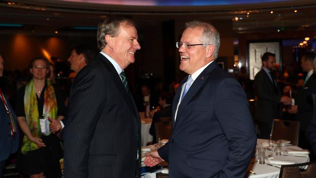 11/10/18 Peter Costello speaks with Prime minister Scott Morrioson during the Australian's outlook conference at the Grand Hyatt. Aaron Francis/The Australian