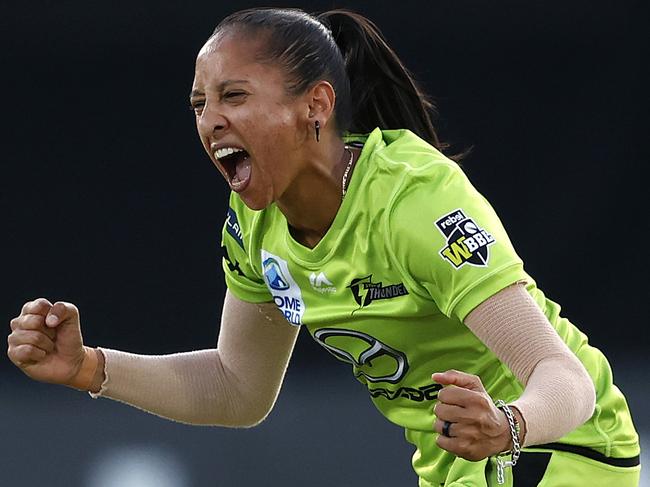 Thunder's Shabnim Ismail celebrates her wicket of Stars' Elyse Villani during the WBBL Final between the Sydney Thunder and Melbourne Stars at North Sydney Oval. Picture. Phil Hillyard