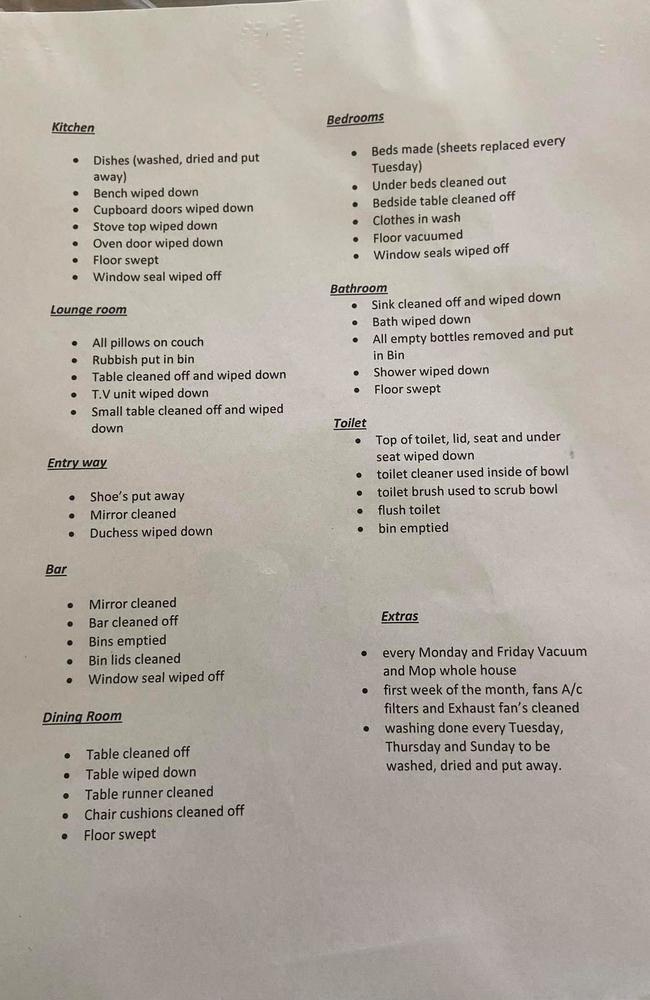 An Aussie mum’s list prompted others to share their cleaning schedules after she posted a snap to a popular Facebook group. Picture: FacebookMumsWhoClean