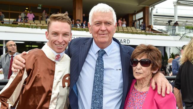 Ken and Bev Kelso with jockey Michael Dee, who will reunite with Legarto in the Australian Cup. Picture: Reg Ryan/Racing Photos via Getty Images