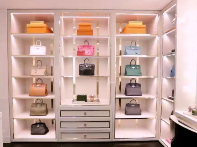 The Sweaty Betty creator’s ‘glam’ room hosts a special display cabinet for her $500k handbag collection. Picture: I am…Roxy