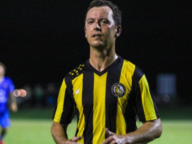 Tallebudgera's Wade Russell in action against Legends FC in the Gold Coast Premier League. Photo: Mons Photography.
