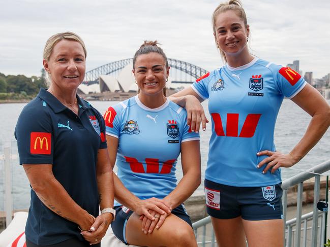 SYDNEY, AUSTRALIA - NewsWire Photos JANUARY 25, 2024: NSW Sky Blues coach Kylie Hilder, Sky Blues representatives Millie Elliott and Kezie Apps during a sponsorship announcement on Thursday. Picture: NCA NewsWire / Nikki Short