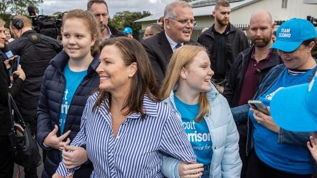 Scott Morrison's wife Jenny and daughters Abbey and Lily today. Picture: Jason Edwards