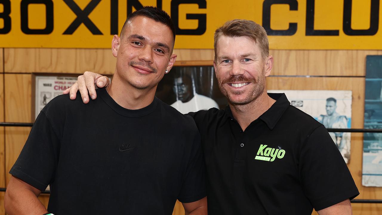 Tim Tszyu and David Warner at Leo Berry’s Gym in Richmond. Picture: Michael Klein