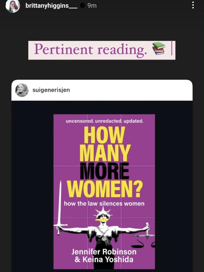 An Instagram story posted by Brittany Higgins on Monday, August 8, 2024, during the second day of the defamation trial brought against her by Linda Reynolds.