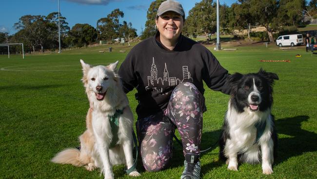 Dog walker Andrea Cousins and her dogs Emmy and Flynn at the million paws walk at Queens Domain in Hobart in Sunday 25th May 2025. Picture: Linda Higginson