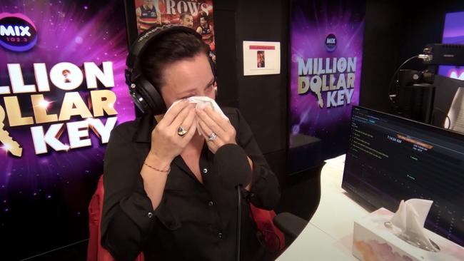 Mix 102.3’s Ali Clarke is tearful as she reveals to listeners that she has been diagnosed with breast cancer. Picture: Supplied