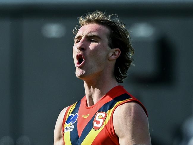 ADELAIDE, AUSTRALIA - JUNE 08: Dyson Sharp (c) of South Australia celebrates a goal during the Marsh AFL National Championships U18 Boys match between South Australia and Victoria Metro at Alberton Oval, on June 08, 2025, in Adelaide, Australia. (Photo by Mark Brake/AFL Photos/via Getty Images)