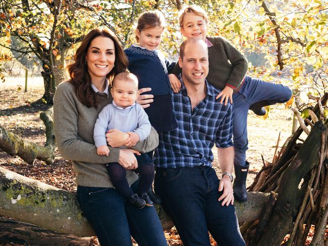 Britain's Prince William, his wife, Catherine, and their three children Prince Louis, Princess Charlotte, and Prince George in their 2018 Christmas card. Picture: AFP