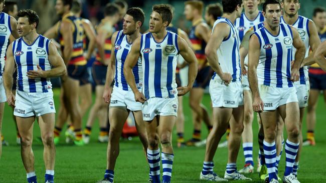 Andrew Swallow leads his team from the field after North Melbourne’s fourth loss in five games. Picture: Sam Wundke.