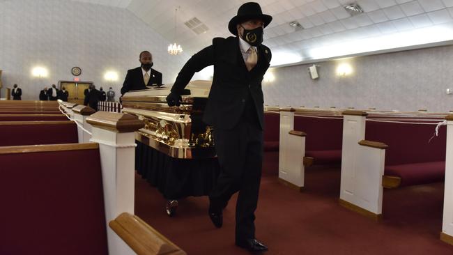 The remains of George Floyd are brought into Cape Fear Conference B Church in Raeford, North Carolina, on Saturday. Picture: AP