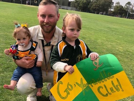 Ash Sweet with his children after the grand final. Picture: Annie Sweet