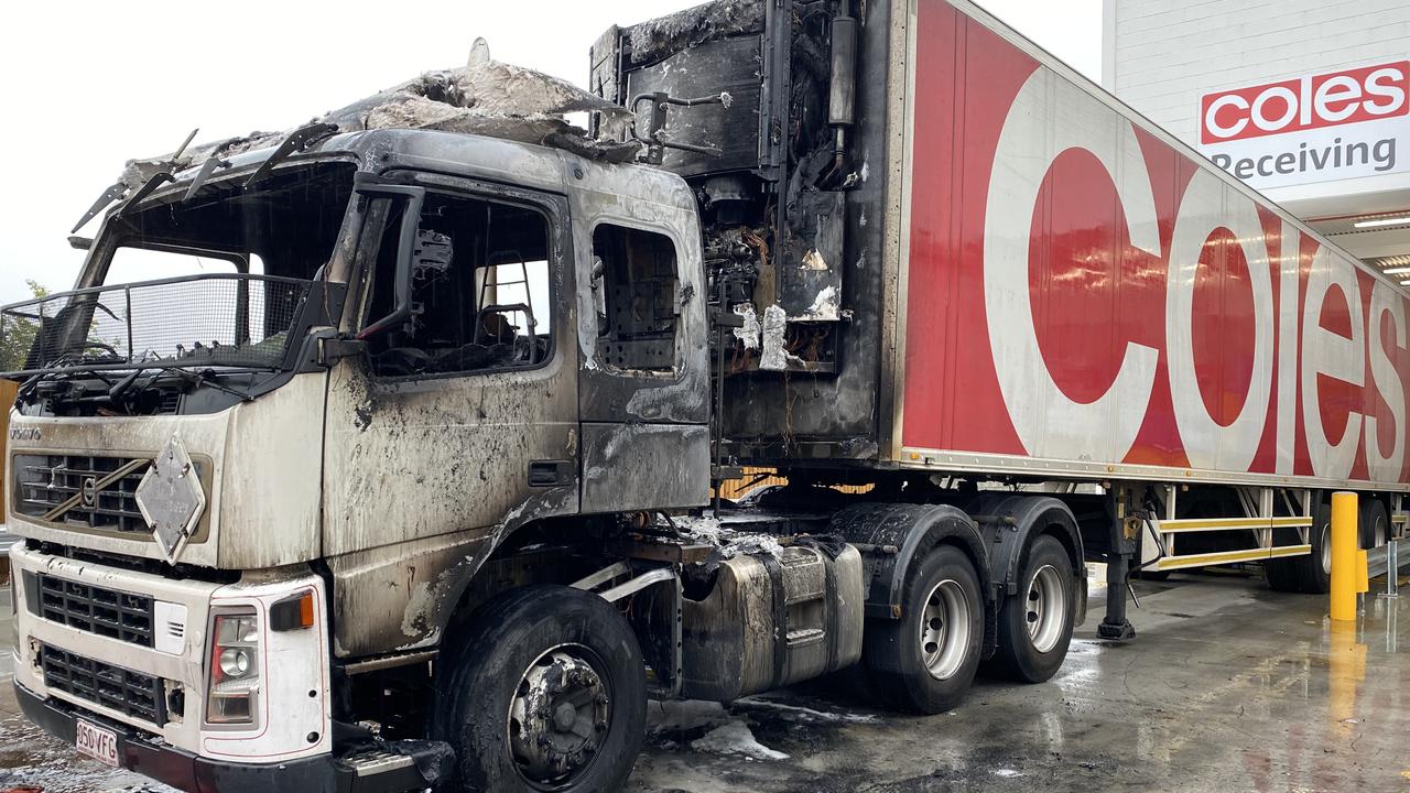 A delivery truck was destroyed by fire at the Glenvale Coles this morning.