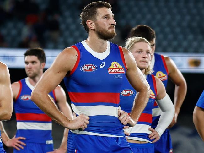 Marcus Bontempelli of the Bulldogs looks dejected after Friday night’s loss to the Bombers. Picture: Michael Willson/AFL Photos via Getty Images.