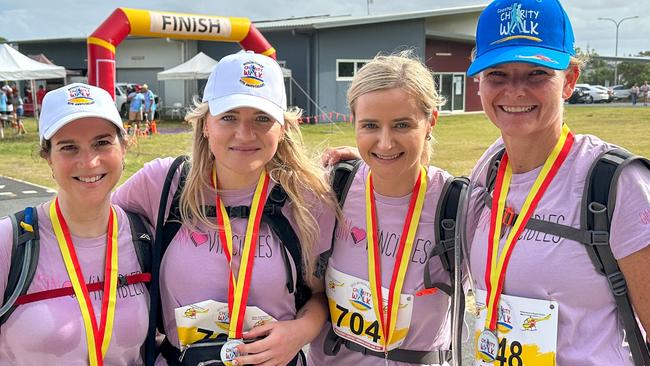 Brisbane team, the "Gin-Vincibles" from left are Katie Stone, Corinna Paton, Jess Paton, and Jenny Ruffell Smith after trekking the entire 36km from Byron Bay to Ballina on Saturday as part of the annual Byron to Ballina Coastal Charity Walk. Picture: Cath Piltz