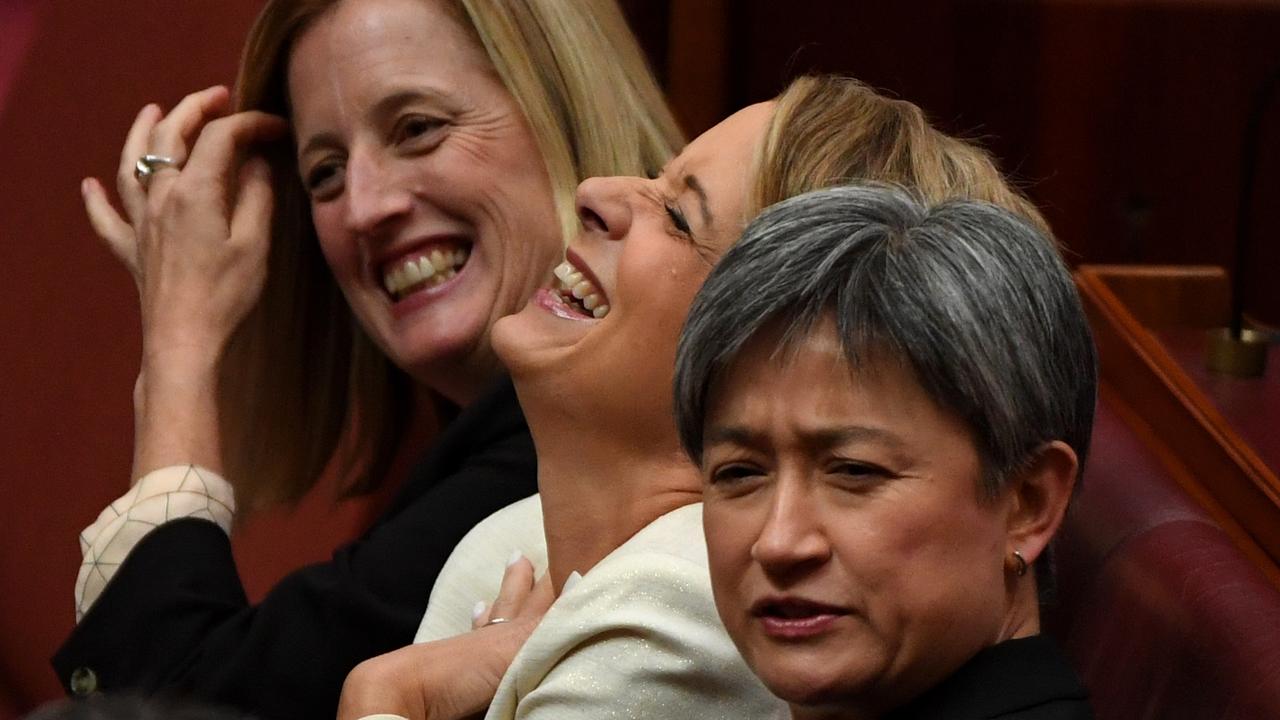 Labor Senators Kristina Keneally, Katy Gallagher and Penny Wong. Picture: Sam Mooy/AAP