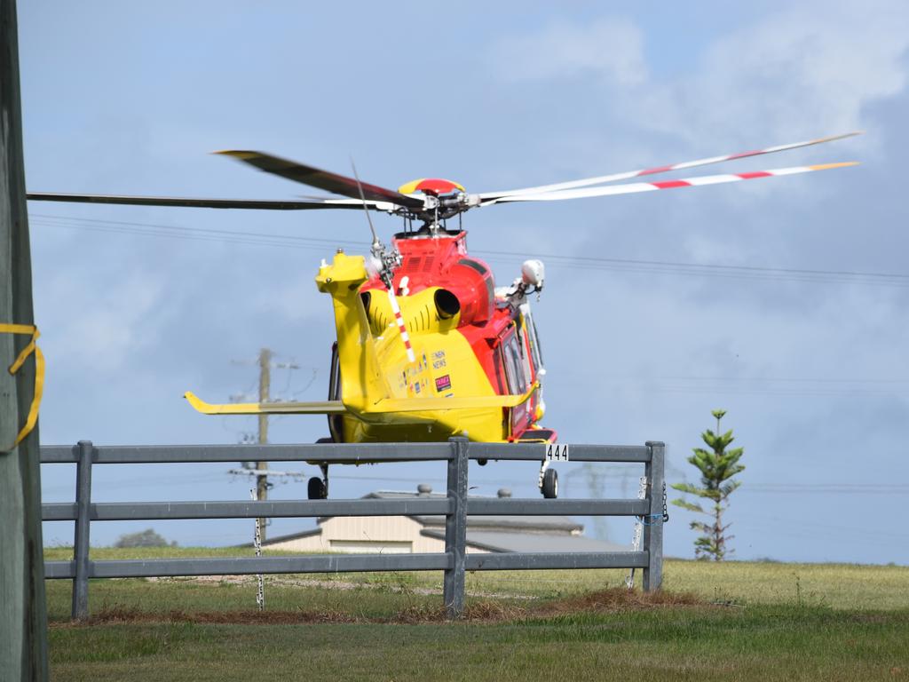 The Westpac Rescue Helicopter landed in a nearby paddock after a man was seriously injured in a single vehicle crash on Rogans Bridge Rd north of Waterview Heights on Thursday, 18th February, 2021. Photo Bill North / The Daily Examiner