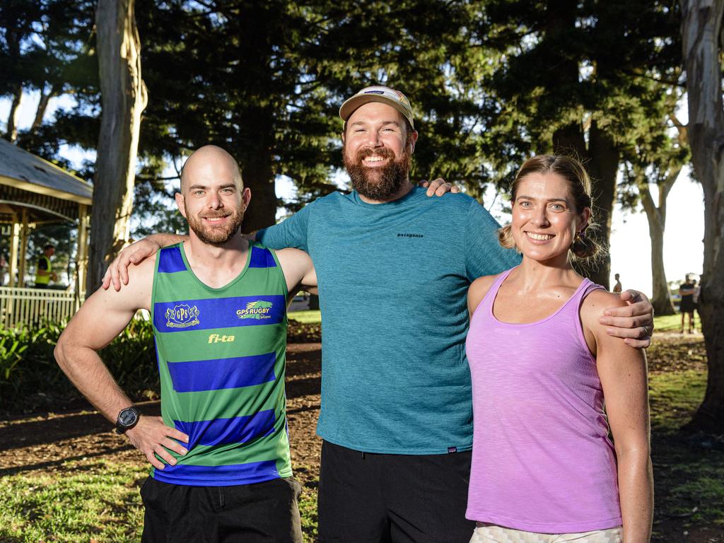 Corey Hoey (left) with Matt and Crystal Edwards at Peak2Park fun run, Sunday, March 2, 2025. Picture: Kevin Farmer