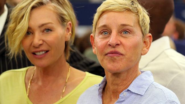 Portia de Rossi and wife Ellen DeGeneres at the football match. Picture: Getty