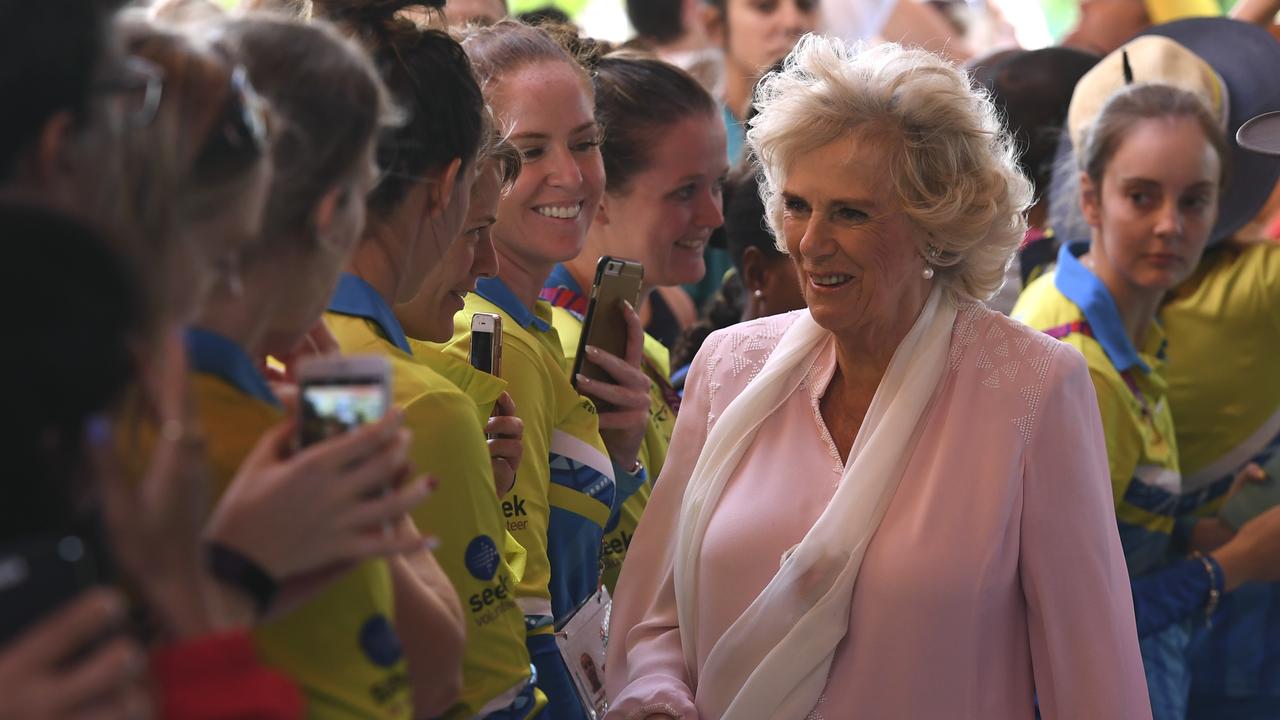 Camilla, Duchess of Cornwall (right) meets athletes and volunteers during a visit to the Athlete's Village on the Gold Coast, Thursday, April 5, 2018. (AAP Image/AFP Pool/William West)