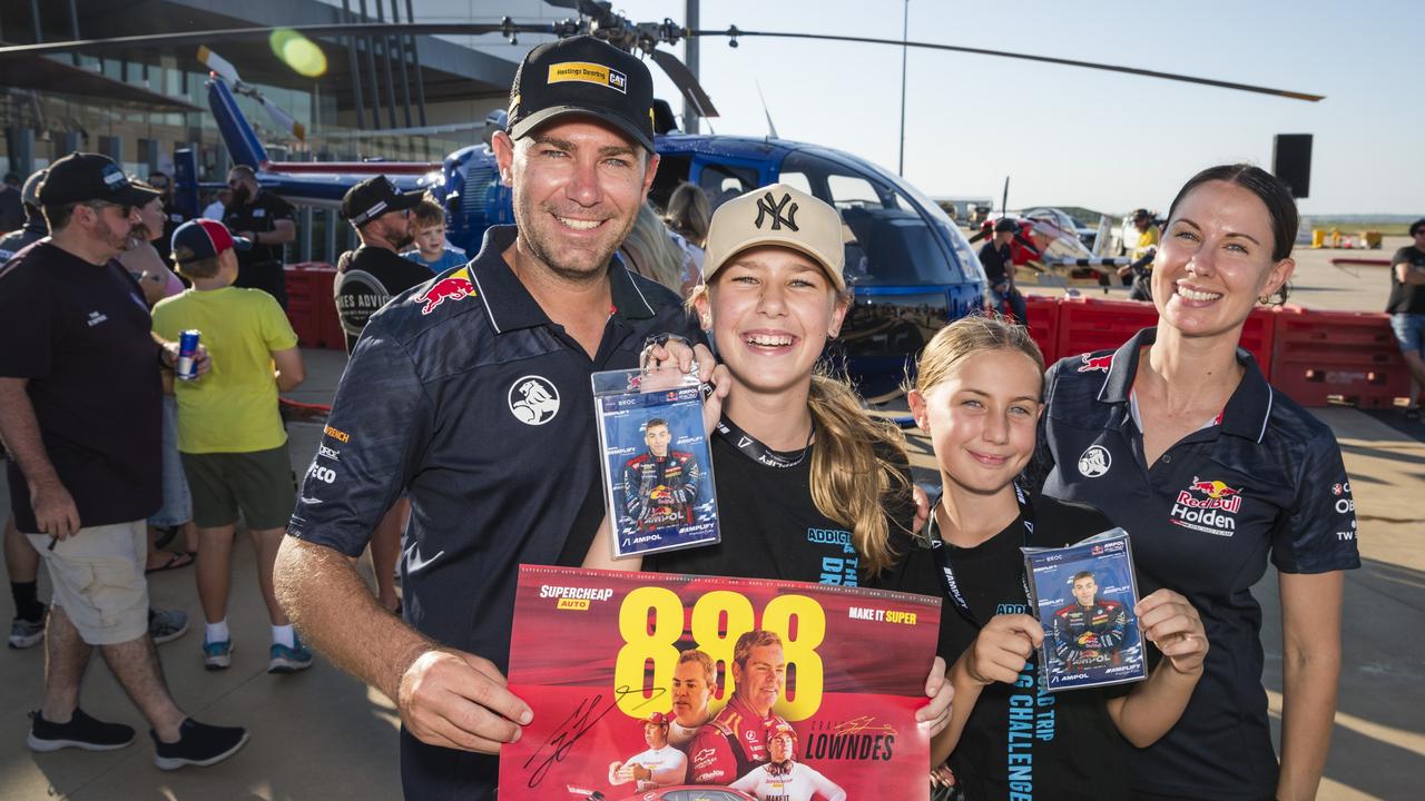 Supercar fans (from left) Steve, Tayah, Lara and Krystal Rykiert as V8 Supercars team Red Bull Ampol Racing launch 2024 livery at Toowoomba Wellcamp Airport, Saturday, February 3, 2024. Picture: Kevin Farmer