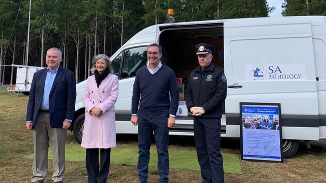 Chief Public Health Officer Professor Nicola Spurrier , Health and Wellbeing Minister Stephen Wade, Premier Steven Marshall and Police Commissioner Grant Stevens at the testing station at the SA Border checkpoint on the Princes Highway near Mount Gambier. Picture: Gretel Sneath