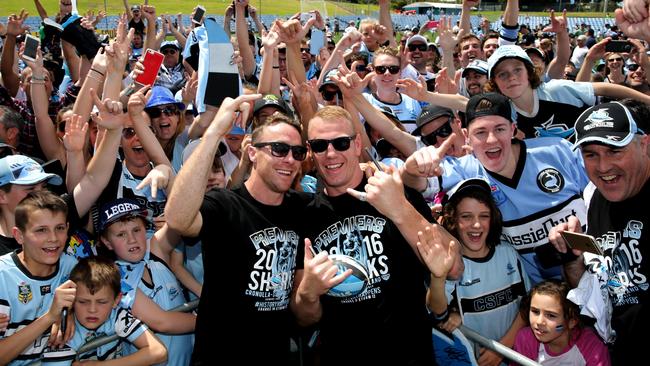 James Maloney and Luke Lewis celebrate with Cronulla fans at Shark Park. Picture: Gregg Porteous