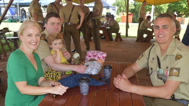 Sergeant major Daniel Bell, wife Jodie Bell, Operations officer Brendan Xenos at the Freedom of Entry honour into Airlie Beach bestowed upon soldiers from the Australian Army 3rd Combat Engineers regiment. Picture: Estelle Sanchez