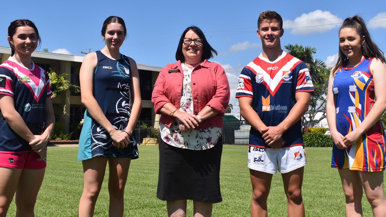 (From left) Sophie Novosel, Rebecca Symons, Janelle Agius, Henry Thorpe and Paige Zeller ahead of the Confraternity Shield and QISSN launch night in Mackay, October 27, 2021. Picture: Matthew Forrest