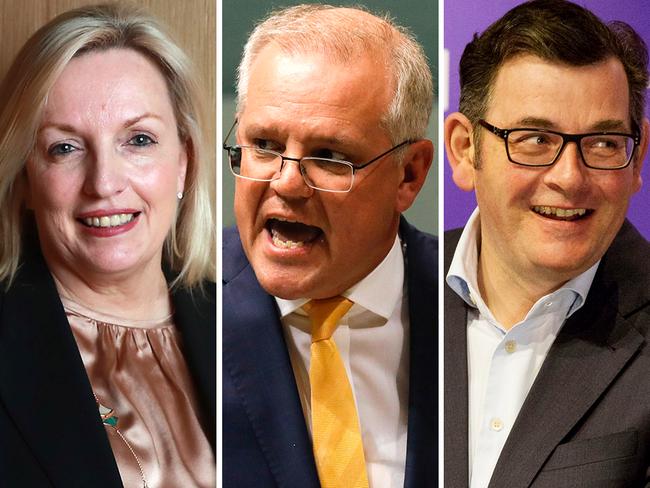 Australia Post CEO Christine Holgate (left), Prime Minister Scott Morrison (centre) and Victorian Premier Daniel Andrews. Pictures: File