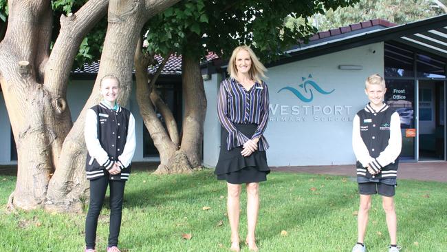 Principal Rebecca Hardy with students Mia and Lachland at Westport Primary School, Semaphore Park. Picture: Chris Russell