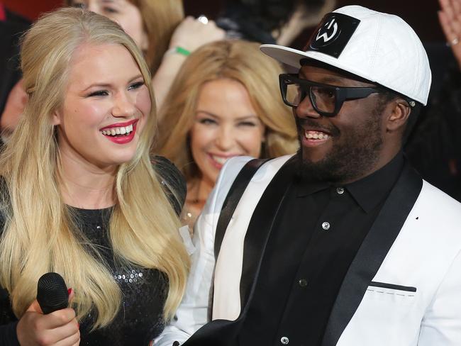 The Voice finale ... Anja Nissen with will.i.am on stage. Picture: Adam Ward