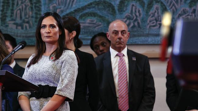 White House press secretary Stephanie Grisham, left, at a news conference by President Donald Trump and South Korean President Moon Jae-in in Seoul last Sunday. Picture: Jacquelyn Martin/pool/AP