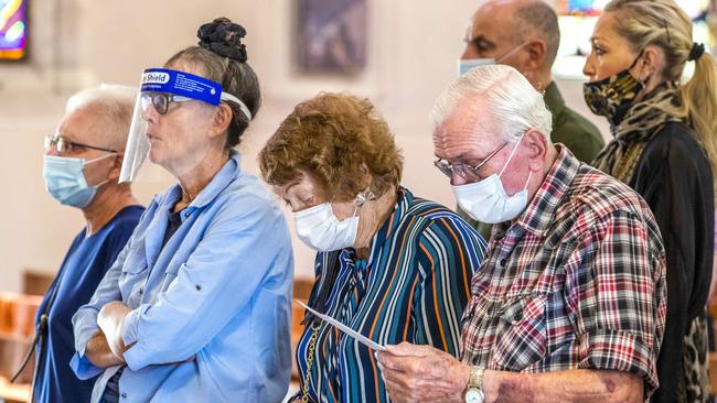 The congregation at St Stephen’s Cathedral in Brisbane’s CBD for a Good Friday service. Picture: Richard Walker