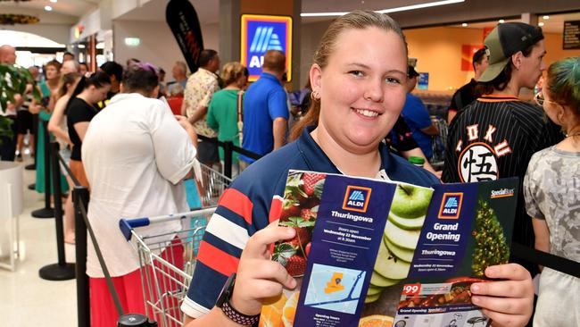 Aldi opening at Willows. Ashka Thorn waits in line. Picture: Evan Morgan