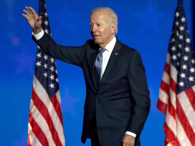 Democratic presidential nominee Joe Biden pictured onstage in Wilmington, Delaware, on election night. Picture: AFP