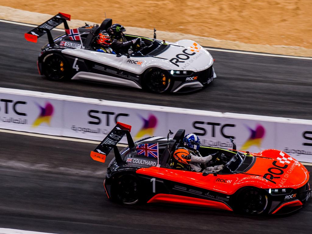 David Coulthard (GBR) and Petter Solberg (NOR) competing in the Race of Champions in Saudi Arabia.