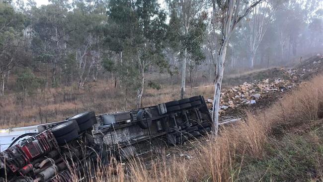 Emergency services rushed to a truck rollover about 2.30am at Barambah. Picture: contributed.