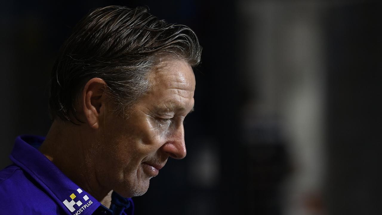 TOWNSVILLE, AUSTRALIA - MAY 21: Storm coach Craig Bellamy speaks to the media before the start of the round 11 NRL match between the North Queensland Cowboys and the Melbourne Storm at Qld Country Bank Stadium, on May 21, 2022, in Townsville, Australia. (Photo by Ian Hitchcock/Getty Images)